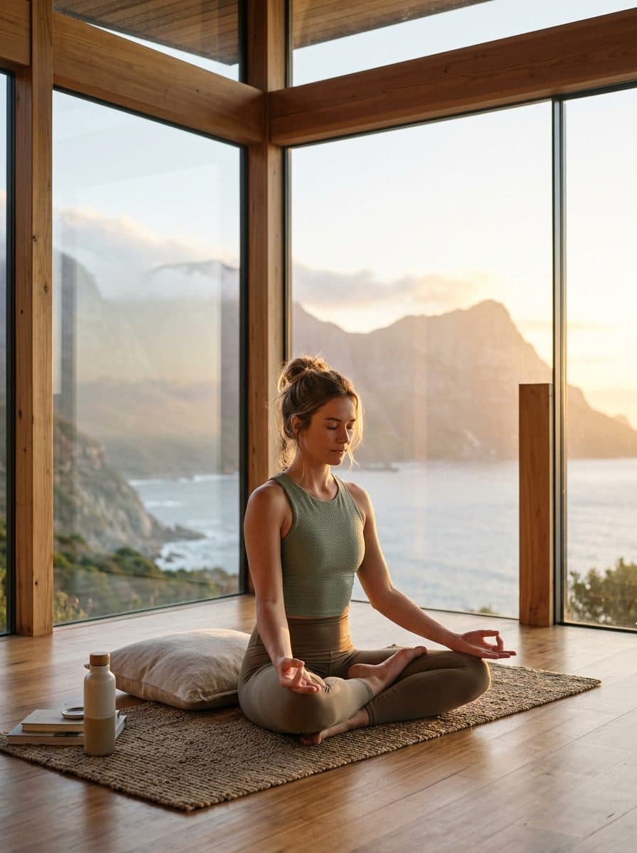 Serene yogi model in meditation sanctuary overlooking coastal mountains